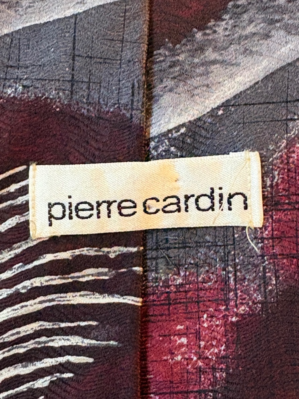 Vintage Pierre Cardin 100% Silk Tie Burgundy Grey Abstract Brushstroke